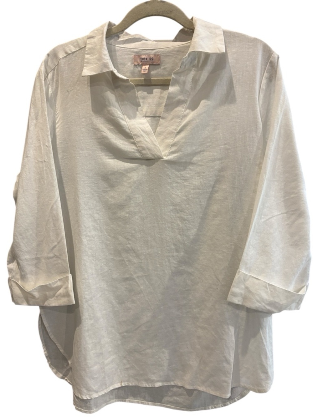 Per Se White Linen Cotton Blend Pullover Collared V-Neck Tunic Top Large